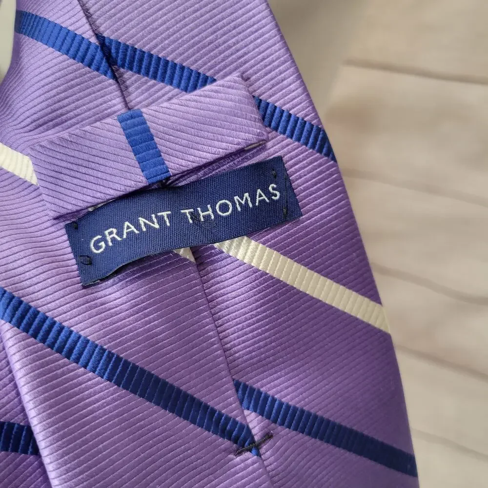 Grant Thomas Handmade Purple Blue White Silk Neck Tie Made in NY